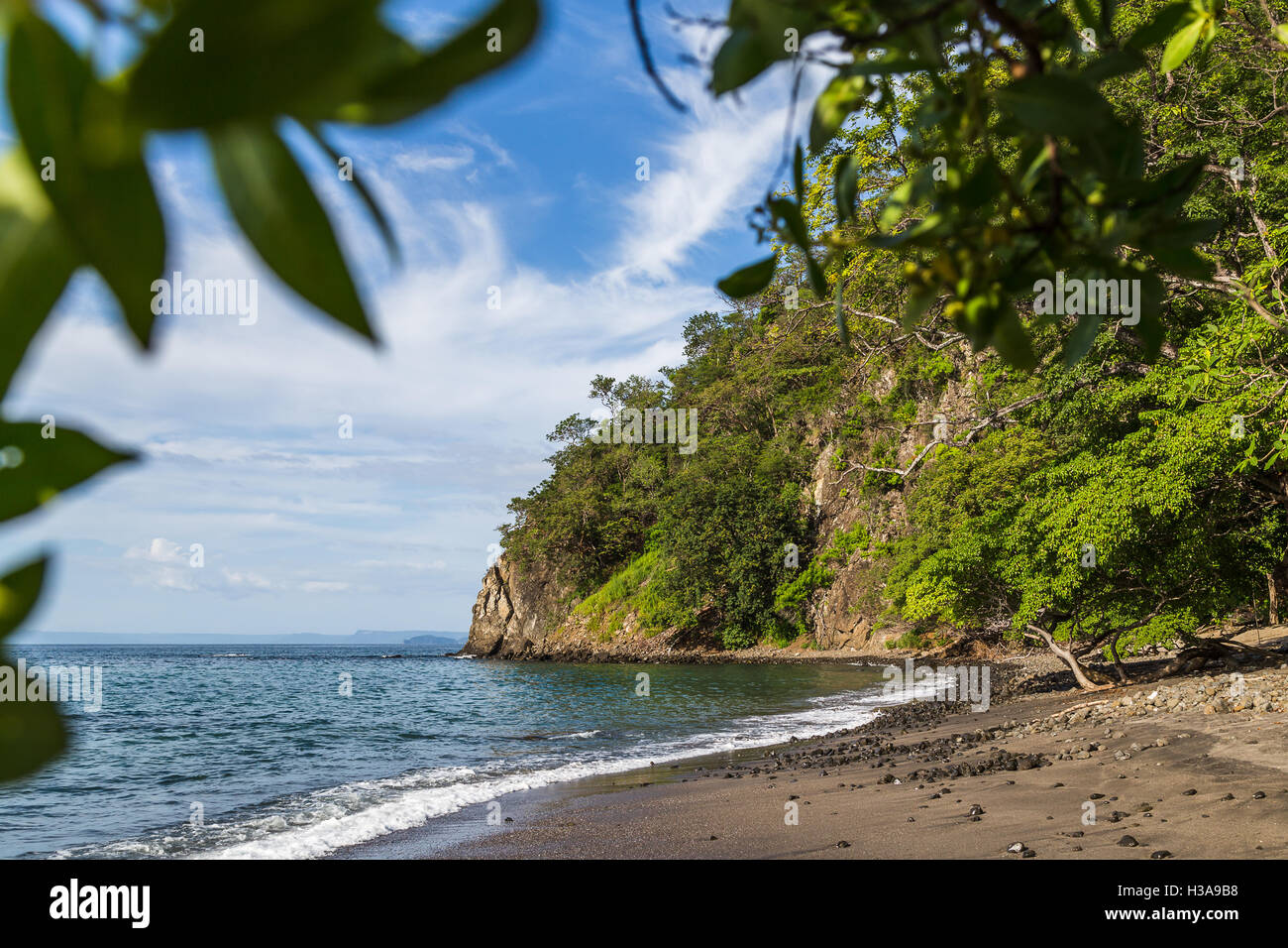 Rugged coastline of Guanacaste framed by lush green leaves in Costa Rica. Stock Photo