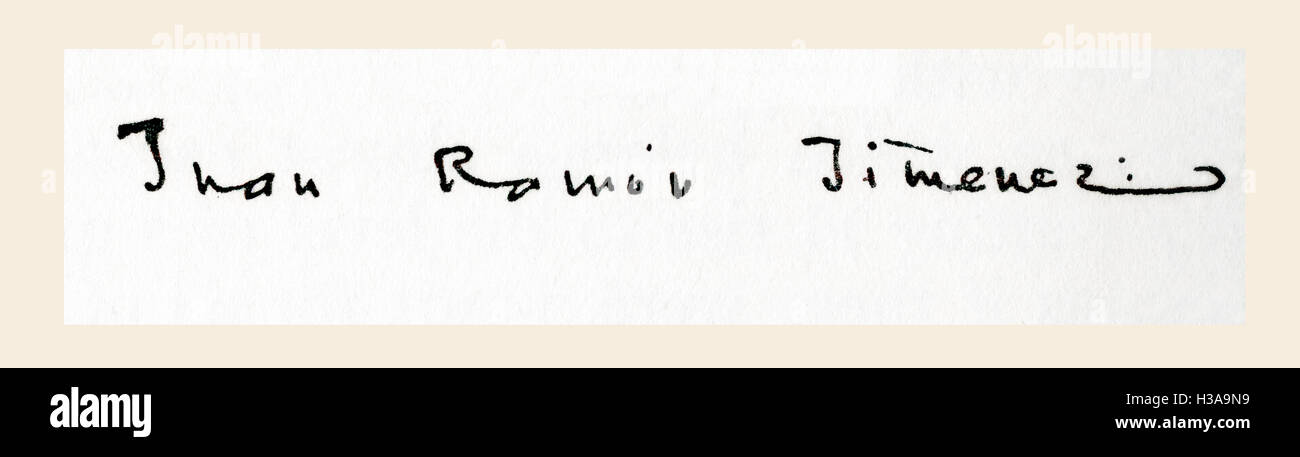 Signature of Juan Ramón Jiménez Mantecón, 1881 – 1958.  Spanish poet and prolific writer who received the Nobel Prize in Literature in 1956. Stock Photo