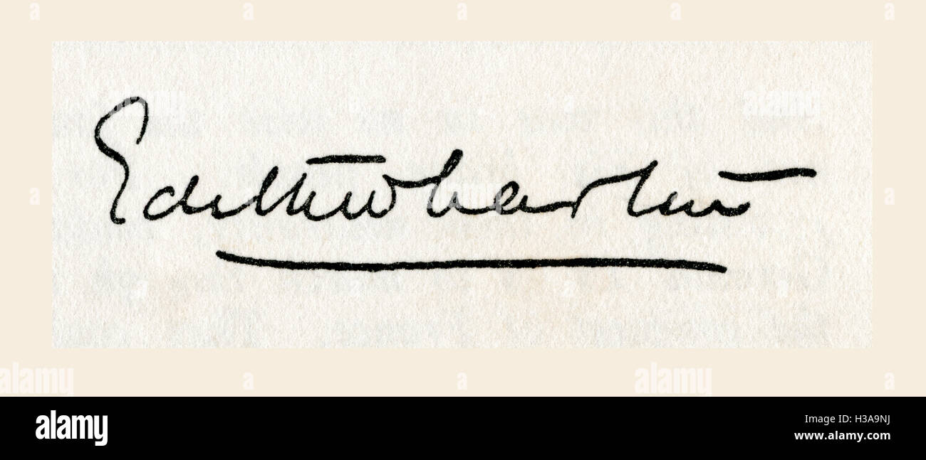Signature of Edith Wharton, born Edith Newbold Jones,  1862 – 1937.  Pulitzer Prize-winning American novelist, short story writer, and designer. Stock Photo