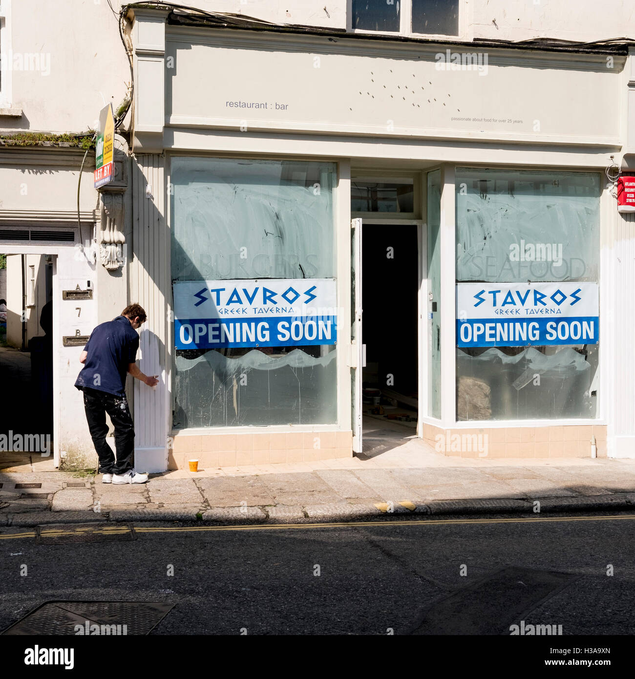 New Greek restaurant being prepared to open in Falmouth, Cornwall 4th June 2016 Stock Photo
