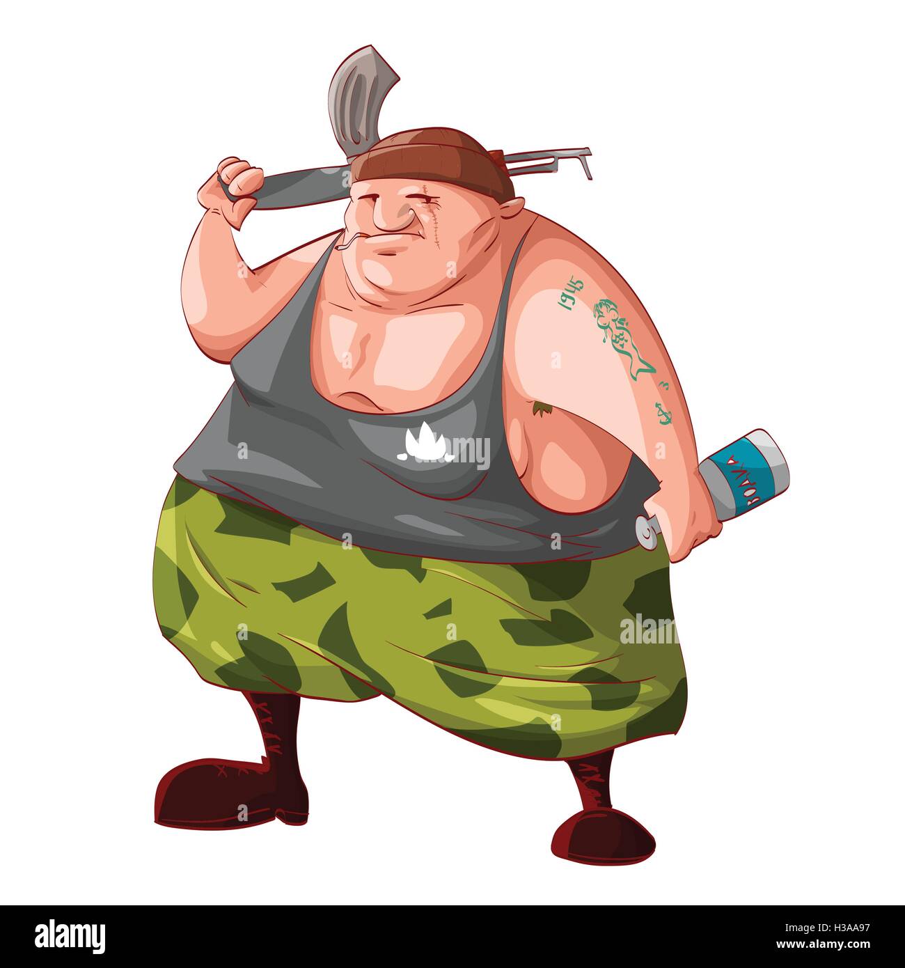 Colorful vector illustration of a cartoon fat drunk rebel / separatist guerilla fighter holding a bottle of vodka, smoking cigar Stock Vector