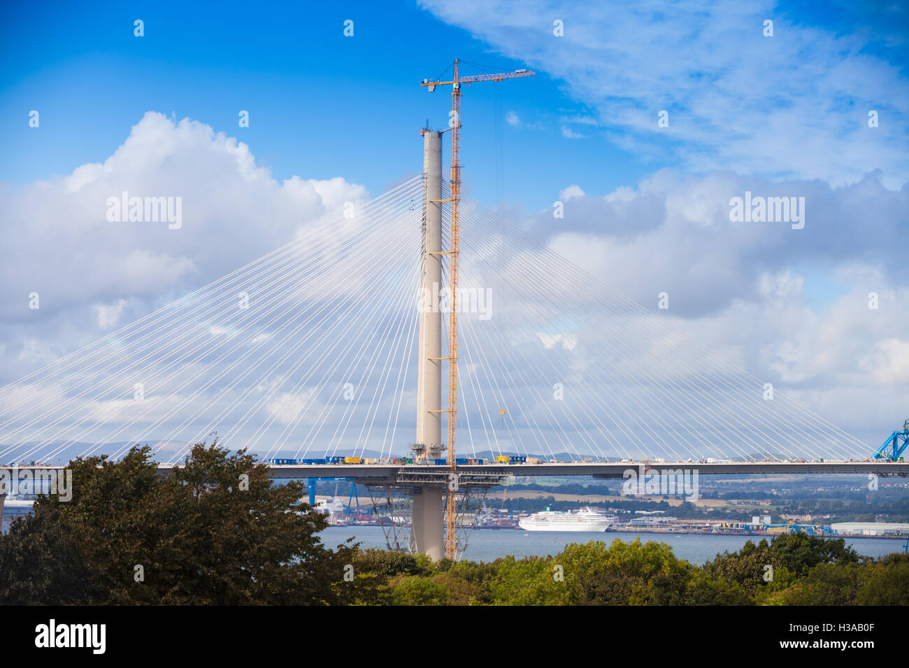 Central Tower of the New Queensferry Crossing over the Firth of Forth, Edinburgh Scotland. Stock Photo
