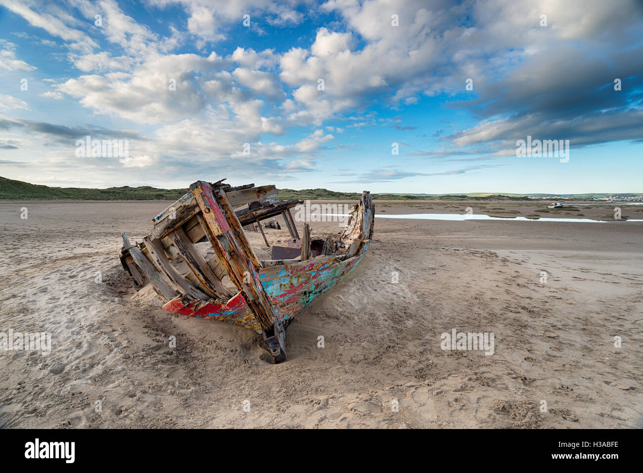 An old boat wreck on the beach at Crow Point on the edge of Saunton