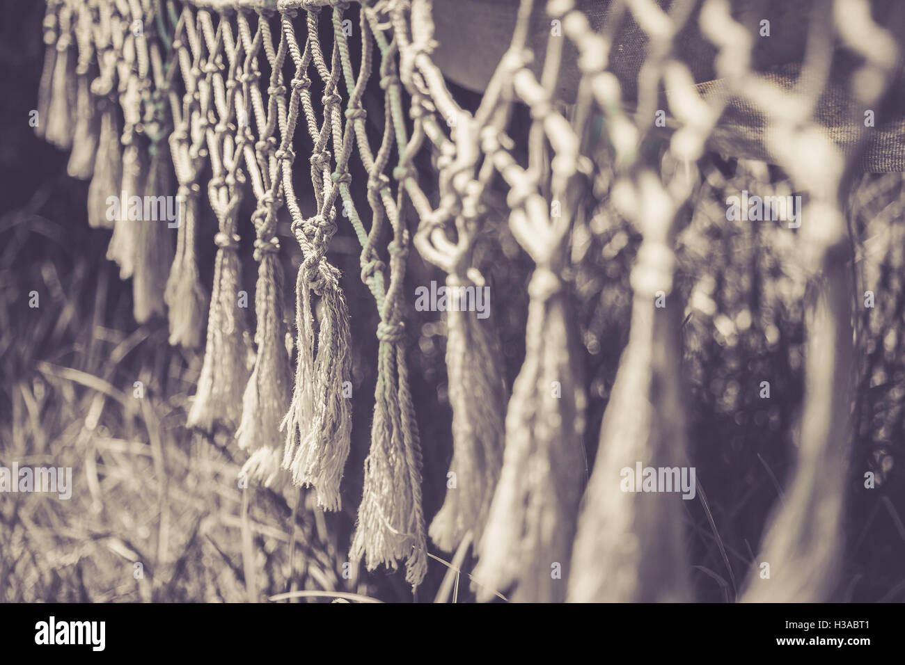 Fringes of a hammock in a summer garden, vintage toned Stock Photo