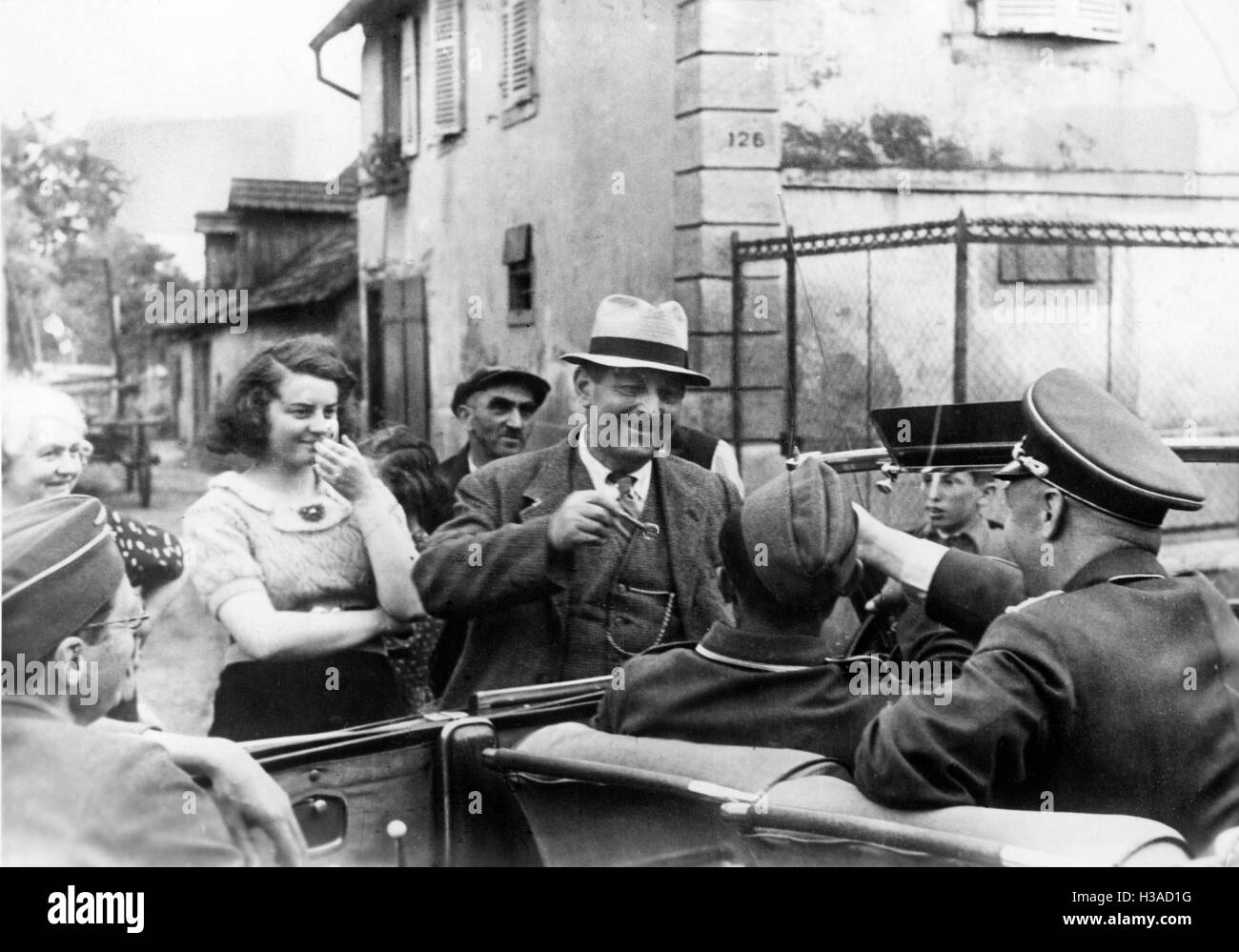 Entry of German troops in a town in Alsace, 1940 Stock Photo