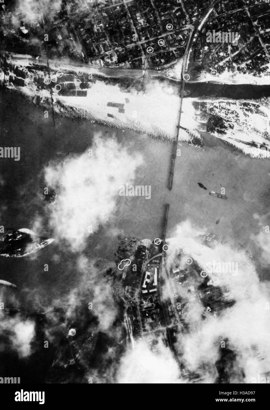 An aerial view destroyed bridge Black and White Stock Photos & Images