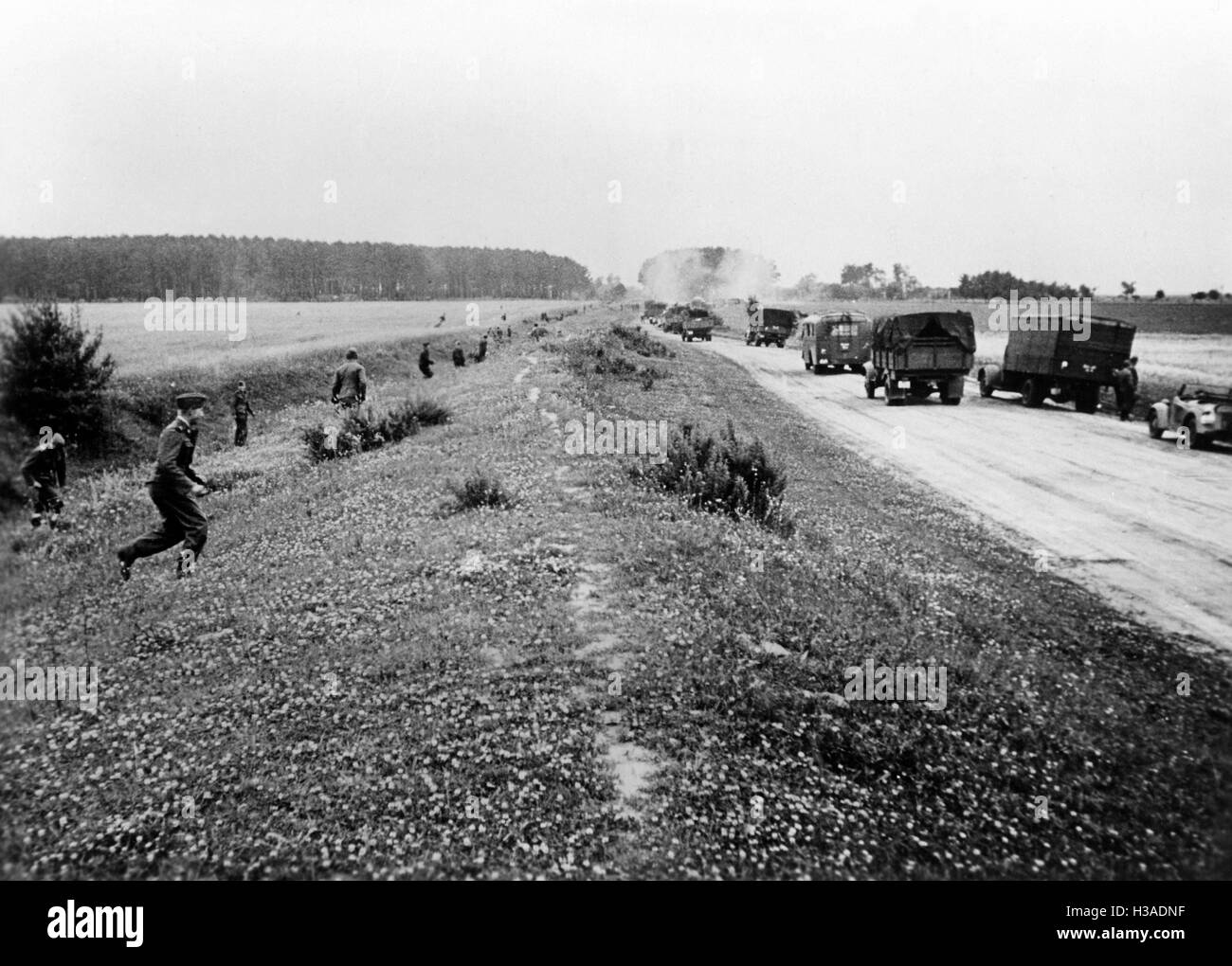 German column following a Soviet air raid, 1941 Stock Photo