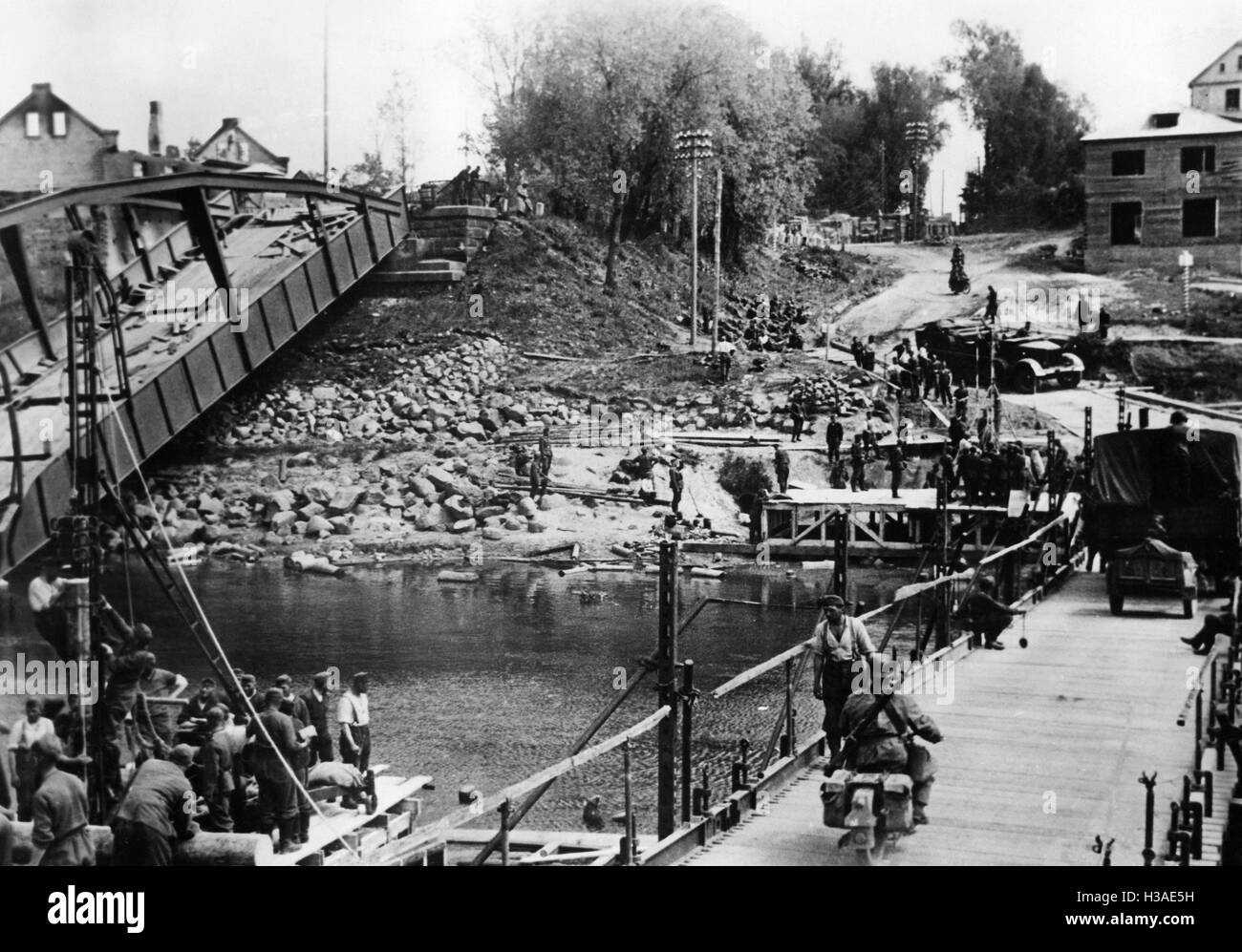 German war bridge over a border river on the Eastern Front, 1941 Stock Photo