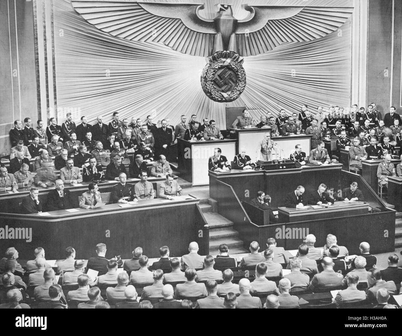 Wilhelm Frick holds a speech before the Reichstag in the Kroll Opera House in Berlin, 1939 Stock Photo