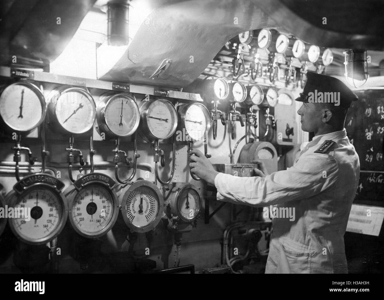 Engine control stand of a light cruiser Stock Photo