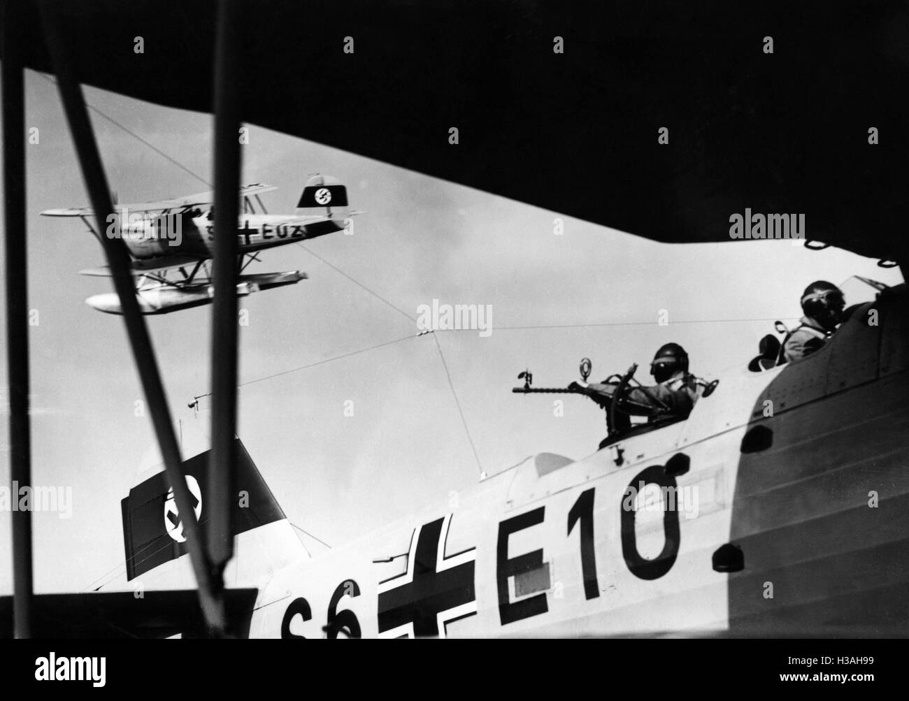Target practice of a machine-gunner on airplane, 1937 Stock Photo