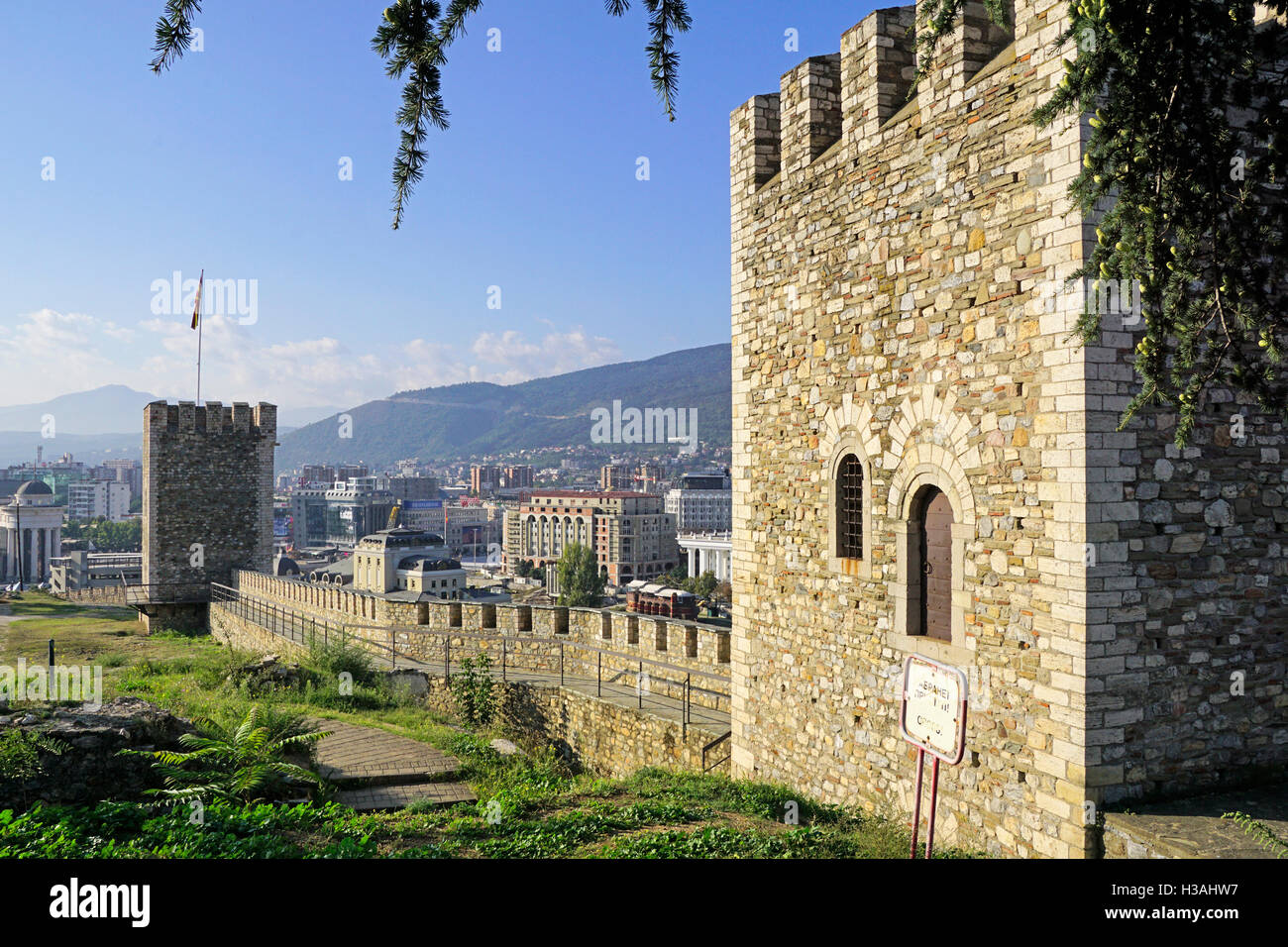 View of Macedonia's capital city, Skopje, with Skopje Fortress wall and watch towers. Stock Photo