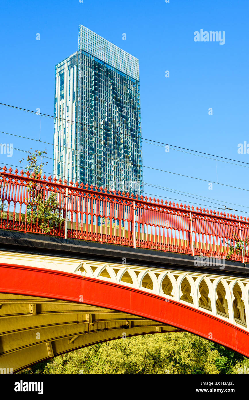 Victorian railway bridge and the Beetham Tower Castlefield Manchester Stock Photo