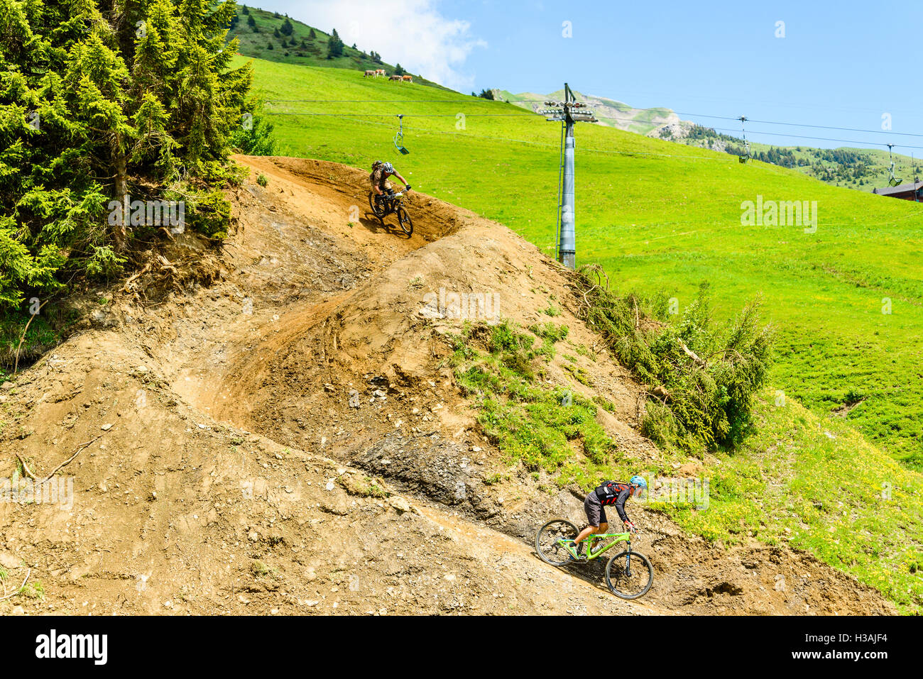 Rider participating in Pass'Portes du Soleil MTB 2016 a mountain bike event across the French-Swiss border Stock Photo