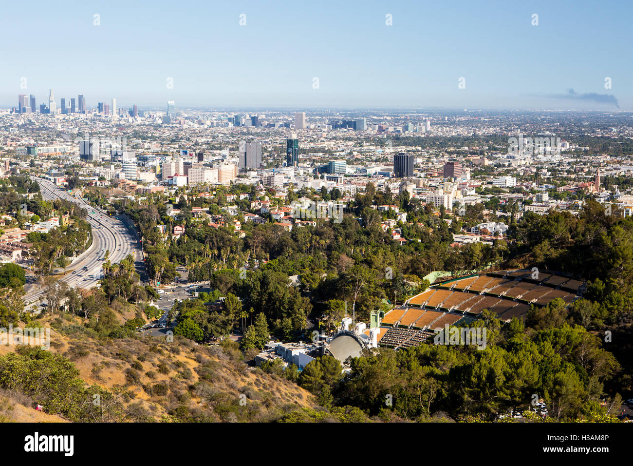 Los Angeles, USA - 6 July: View over LA skyline and the Hollywood Bowl ...