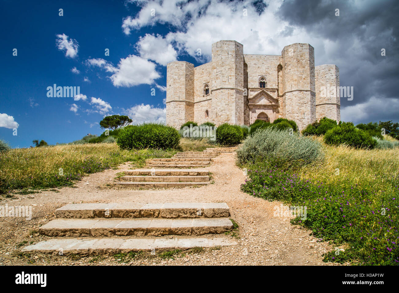 Beautiful view of Castel del Monte, the famous castle built in an octagonal shape by the Holy Roman Emperor Frederick II, Apulia region, Italy Stock Photo