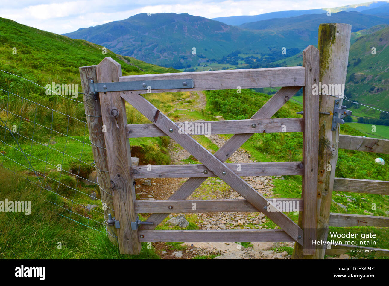 Wooden gate on a mountain side in the lake district Stock Photo