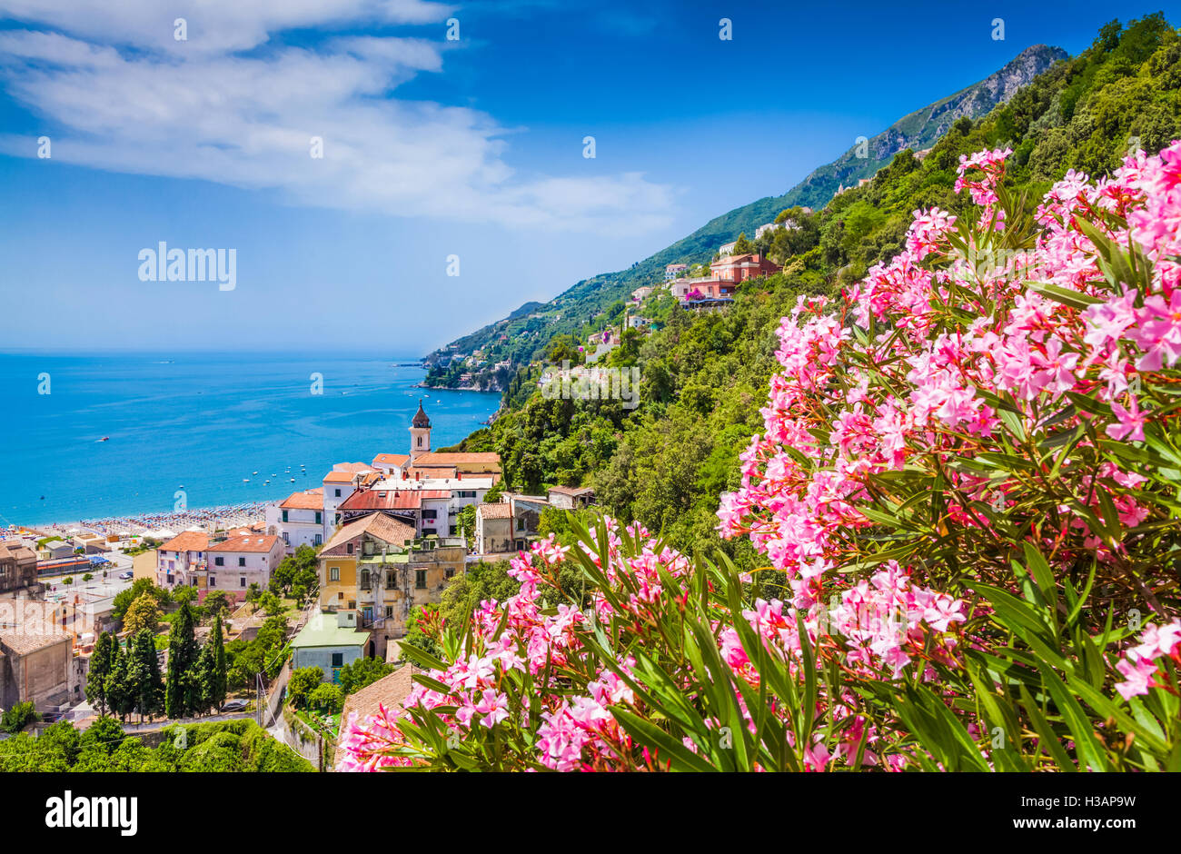 Scenic picture-postcard view of famous Amalfi Coast with beautiful Gulf of Salerno, Campania, Italy Stock Photo