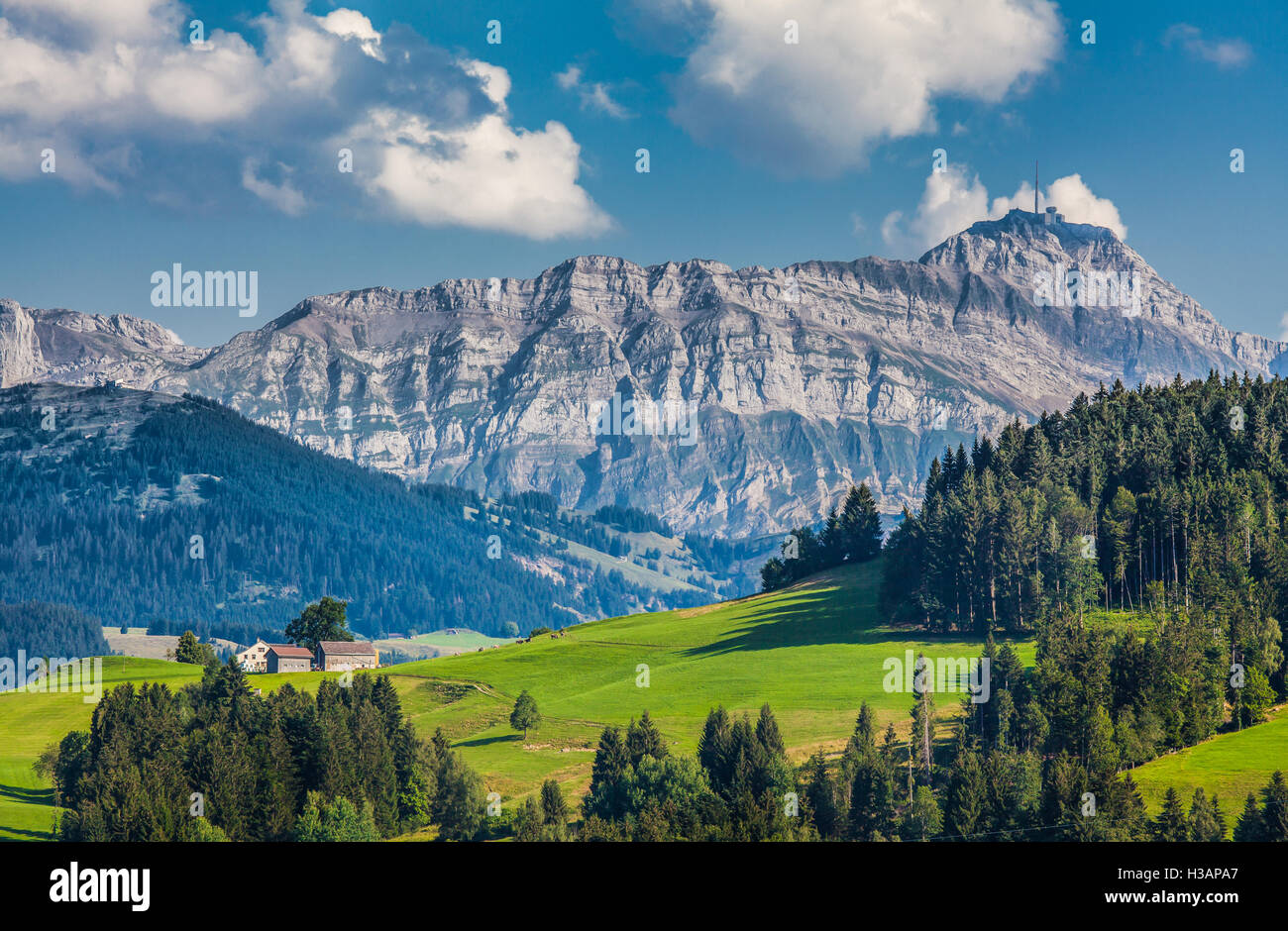 Idyllic landscape in the Alps with green meadows and famous Saentis mountain top in the background, Appenzellerland, Switzerland Stock Photo
