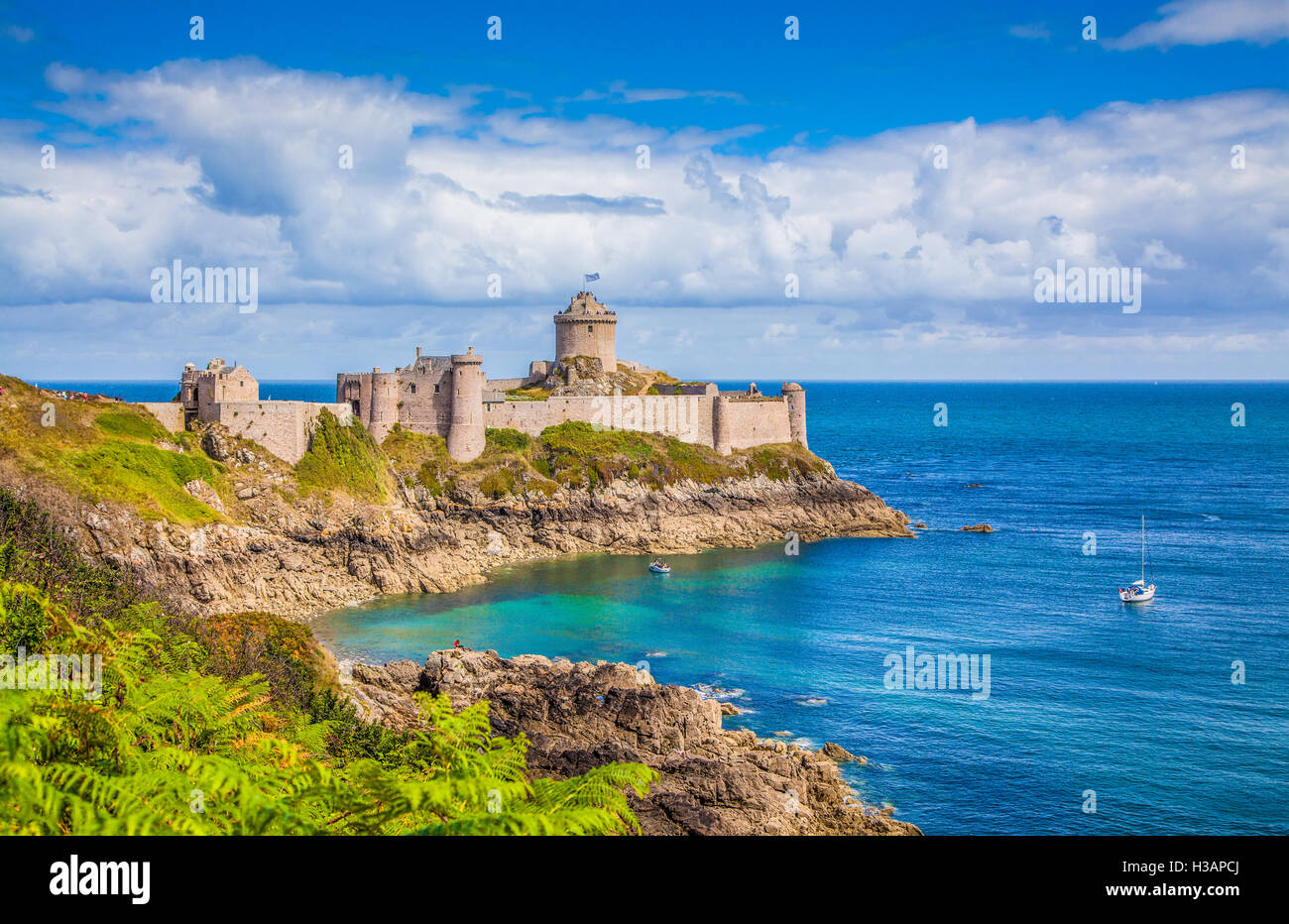 Classic view of famous Fort-La-Latte castle on the Cote d'Emeraude, commune of Frehel, Cotes-d'Armor, Brittany, France Stock Photo