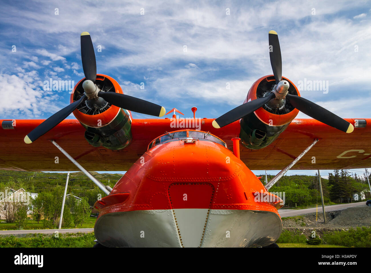 A decommissioned Canso water bomber in Memorial Park, St. Anthony, Newfoundland and Labrador, Canada. Stock Photo