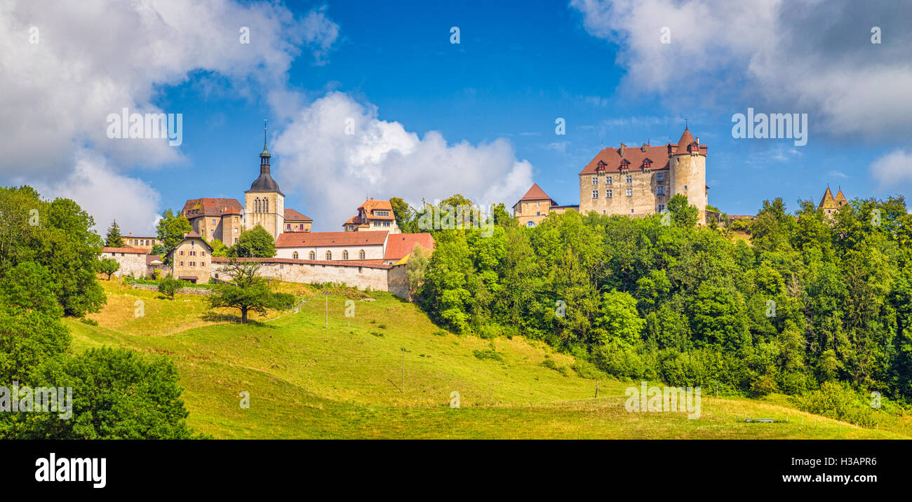 Panoramic view of the medieval town of Gruyeres, home to the world-famous Le Gruyere cheese, canton of Fribourg, Switzerland Stock Photo