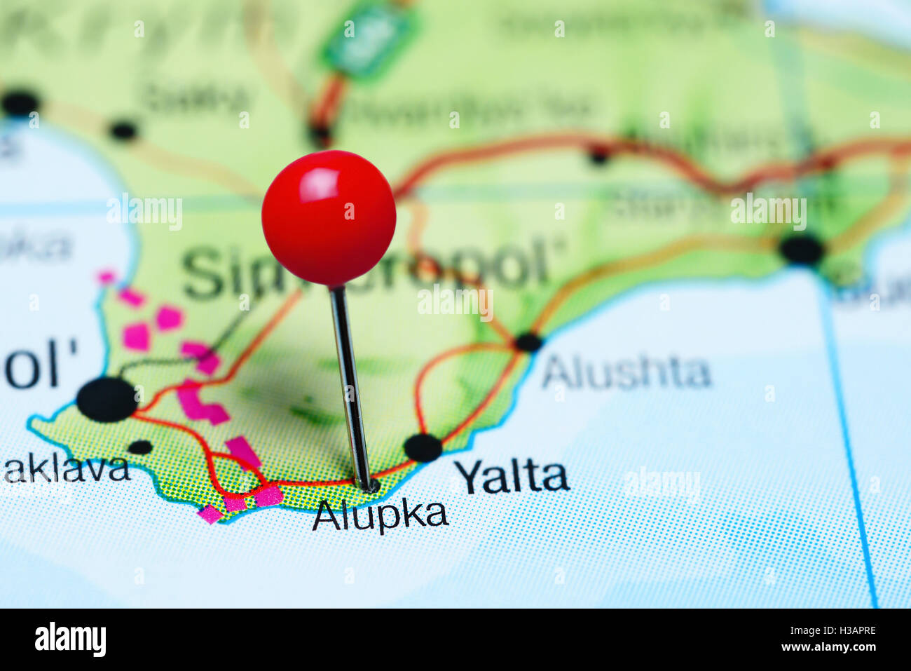 Alupka pinned on a map of Krym Stock Photo