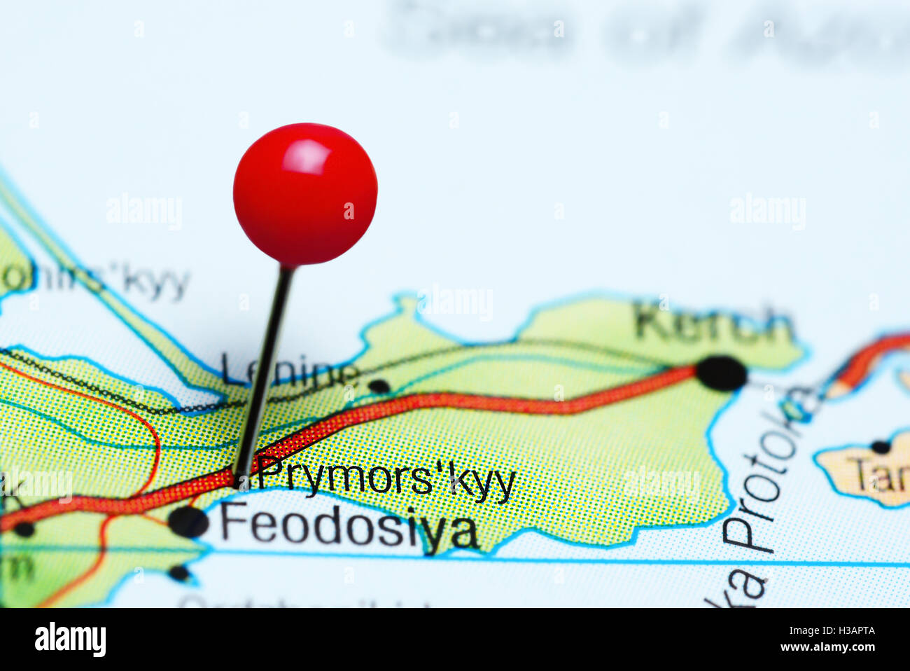 Prymorskyy pinned on a map of Krym Stock Photo