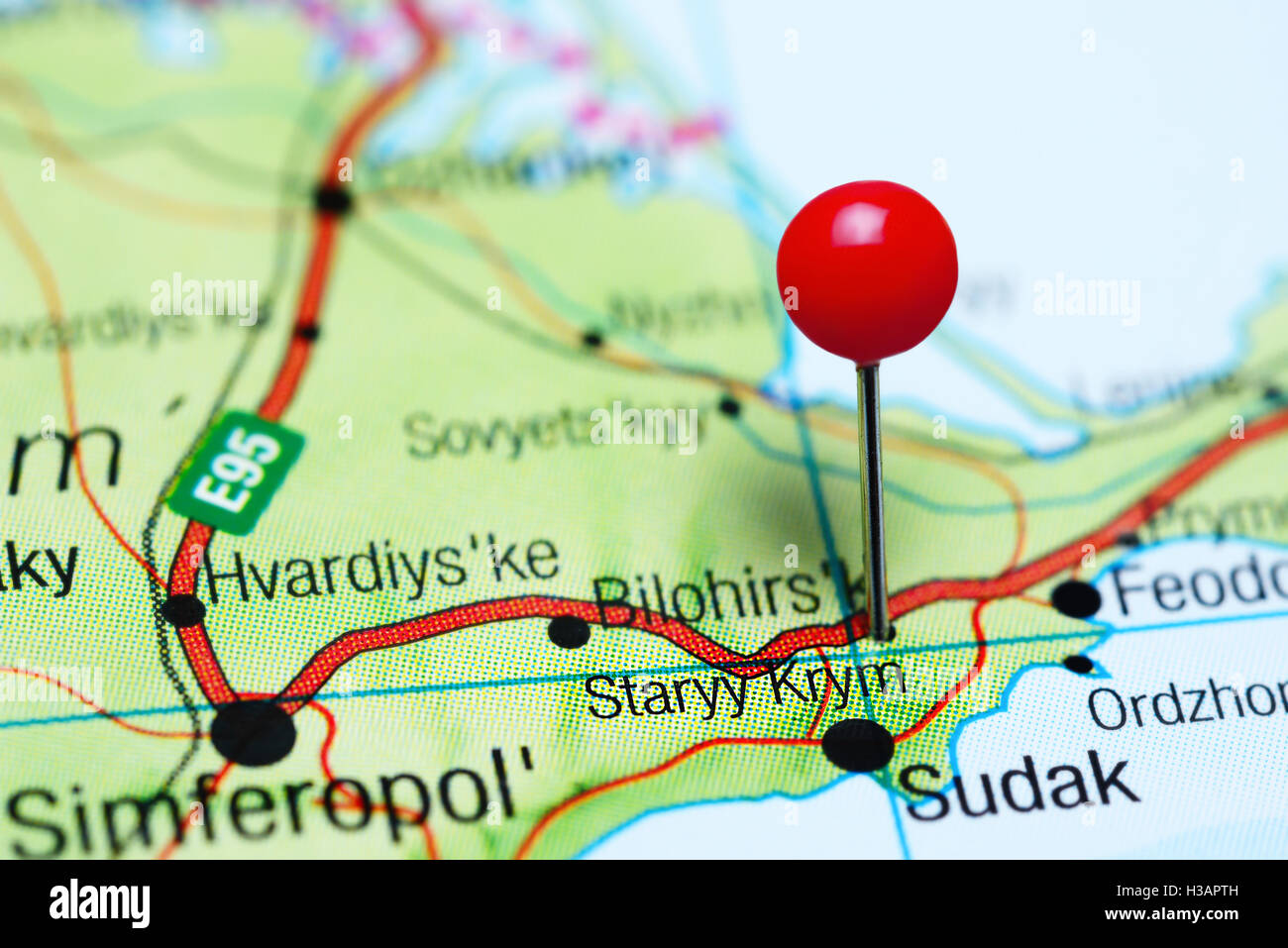 Staryy Krym pinned on a map of Krym Stock Photo