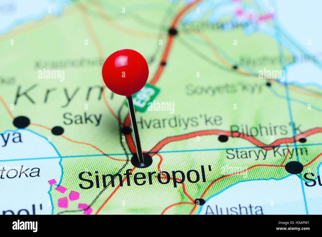 Simferopol pinned on a map of Krym Stock Photo