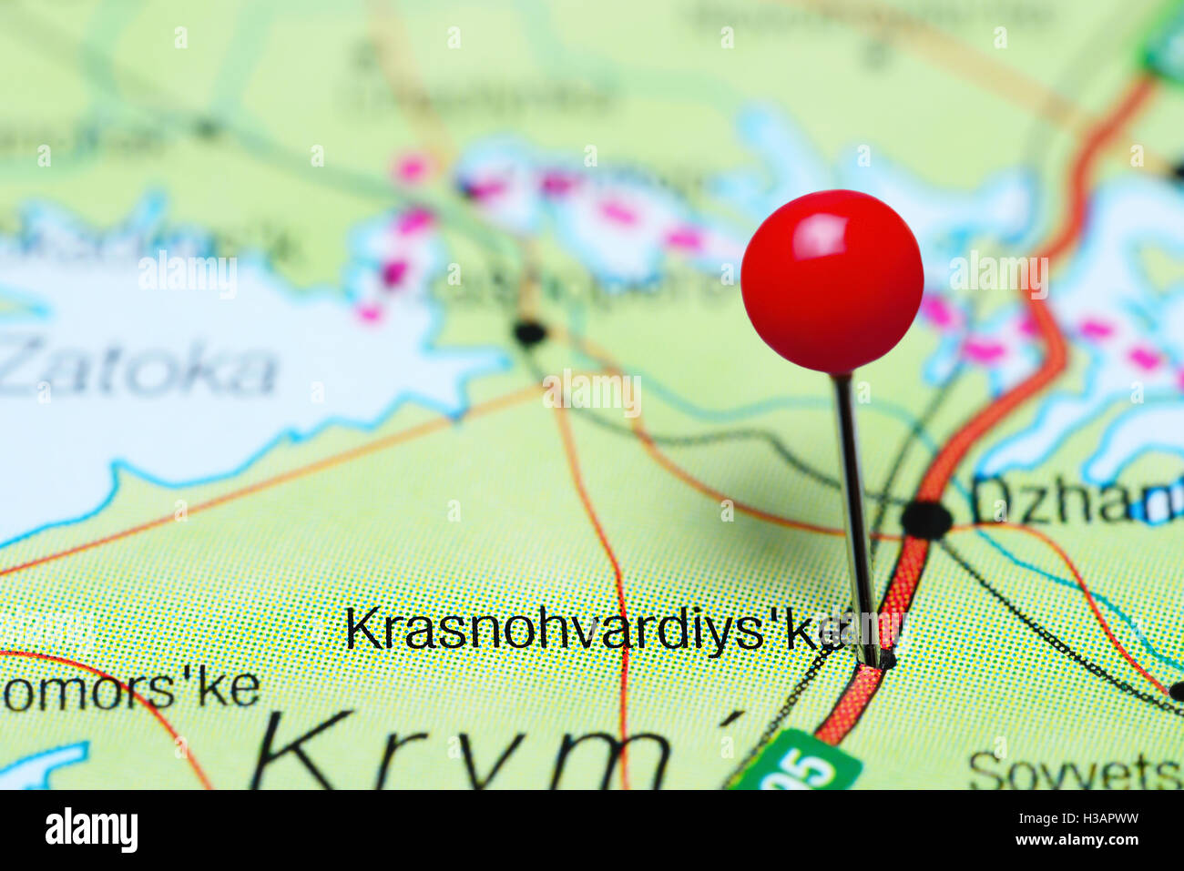 Krasnohvardiyske pinned on a map of Krym Stock Photo