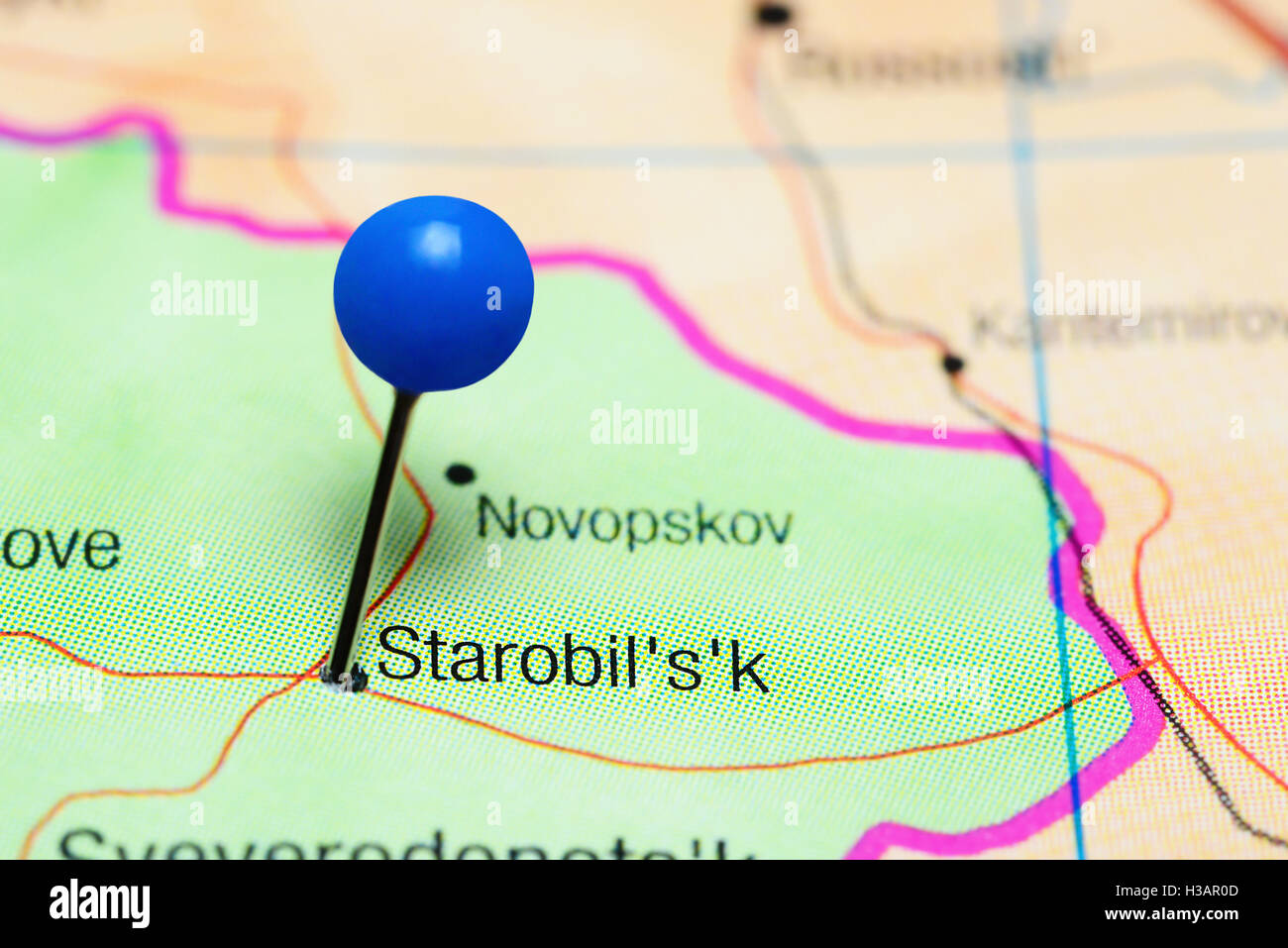 Starobilsk pinned on a map of Ukraine Stock Photo