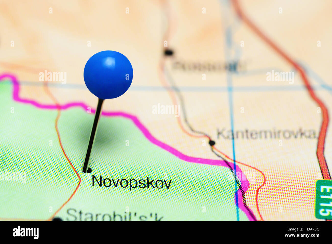 Novopskov pinned on a map of Ukraine Stock Photo