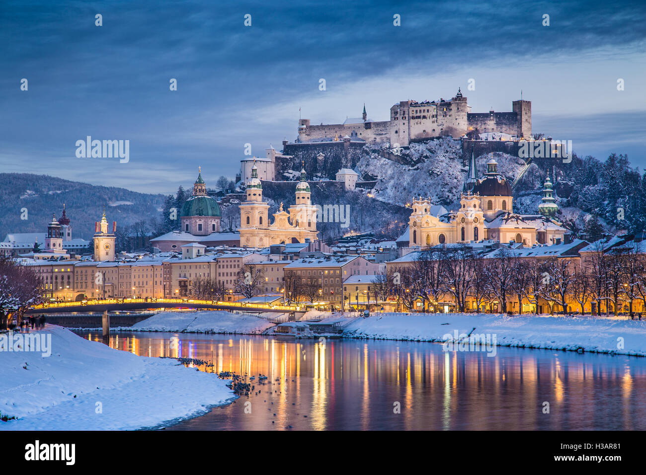 Classic view of the historic city of Salzburg with Salzach river in winter, Salzburger Land, Austria Stock Photo