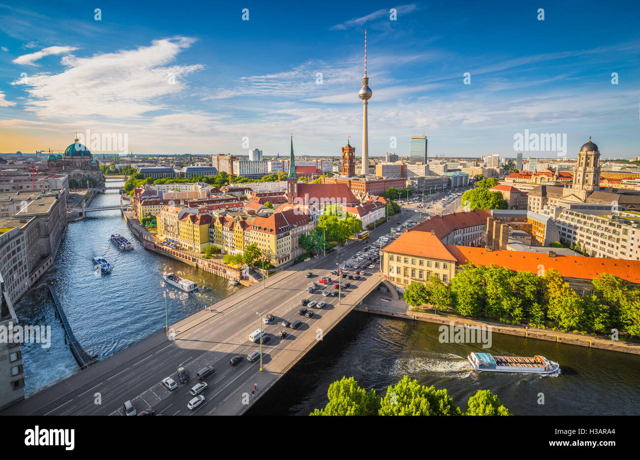 Aerial view of Berlin skyline with famous TV tower and Spree river in beautiful evening light at sunset, Germany Stock Photo