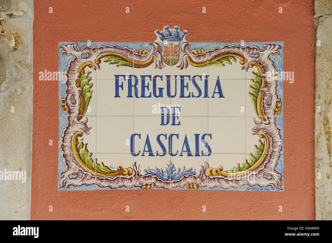 Freguesia de Cascais, Azuleros ceramic street name plate, Cascais, Lisboa, Lisbon, Portugal Stock Photo
