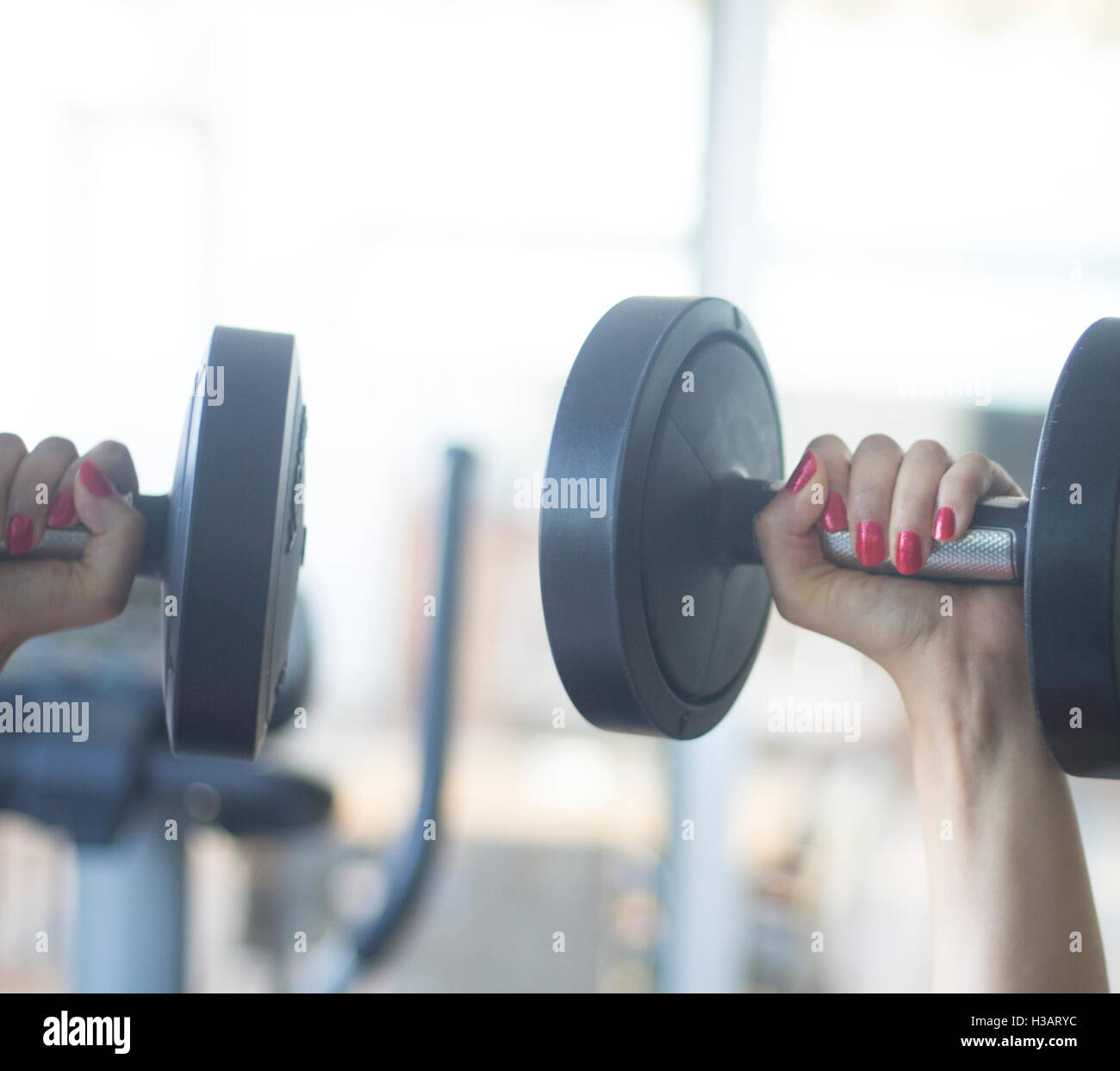 Female gym exercise dumbell free weights in fitness studio gymnasium ...
