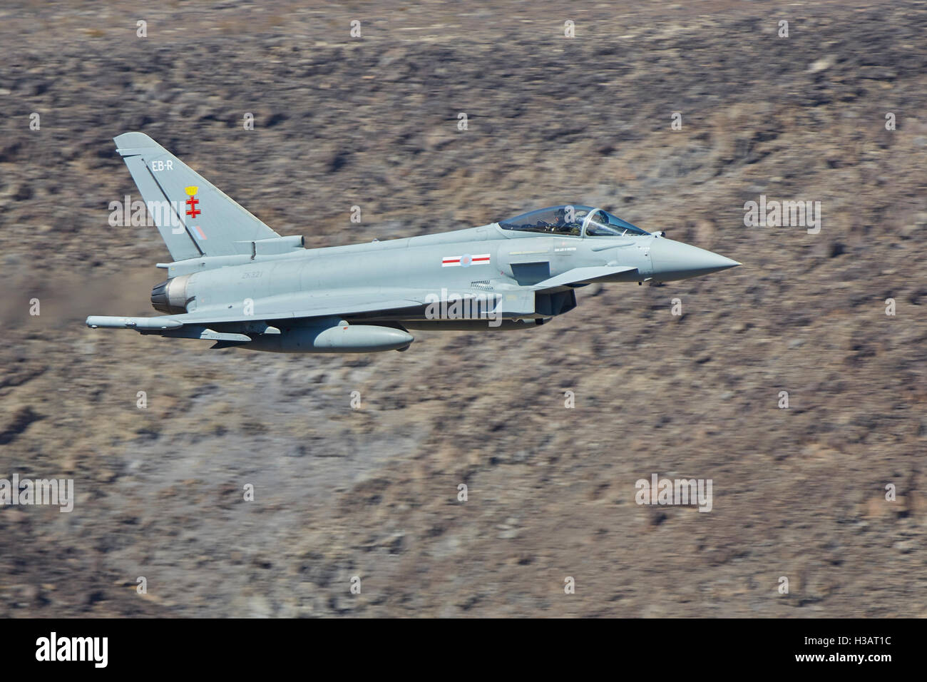 Royal Air Force Typhoon FGR4 Jet Fighter, Flies At Low Level And High Speed Through Rainbow Canyon, California, USA. Stock Photo