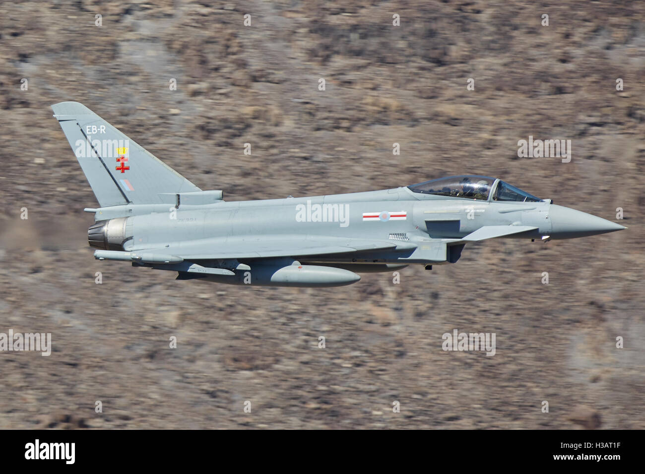 British Royal Air Force, FGR4 Eurofighter Typhoon Jet Fighter, Flies At Low Level And High Speed Through Rainbow Canyon, California, USA. Stock Photo