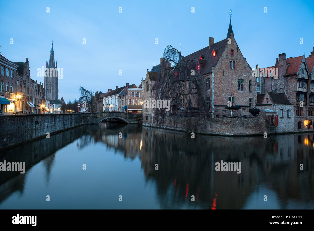 Canal at Dusk in Bruges, Belgium Stock Photo