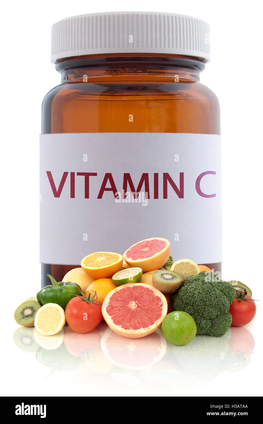 Vitamin c medicine pill jar concept over a white background Stock Photo