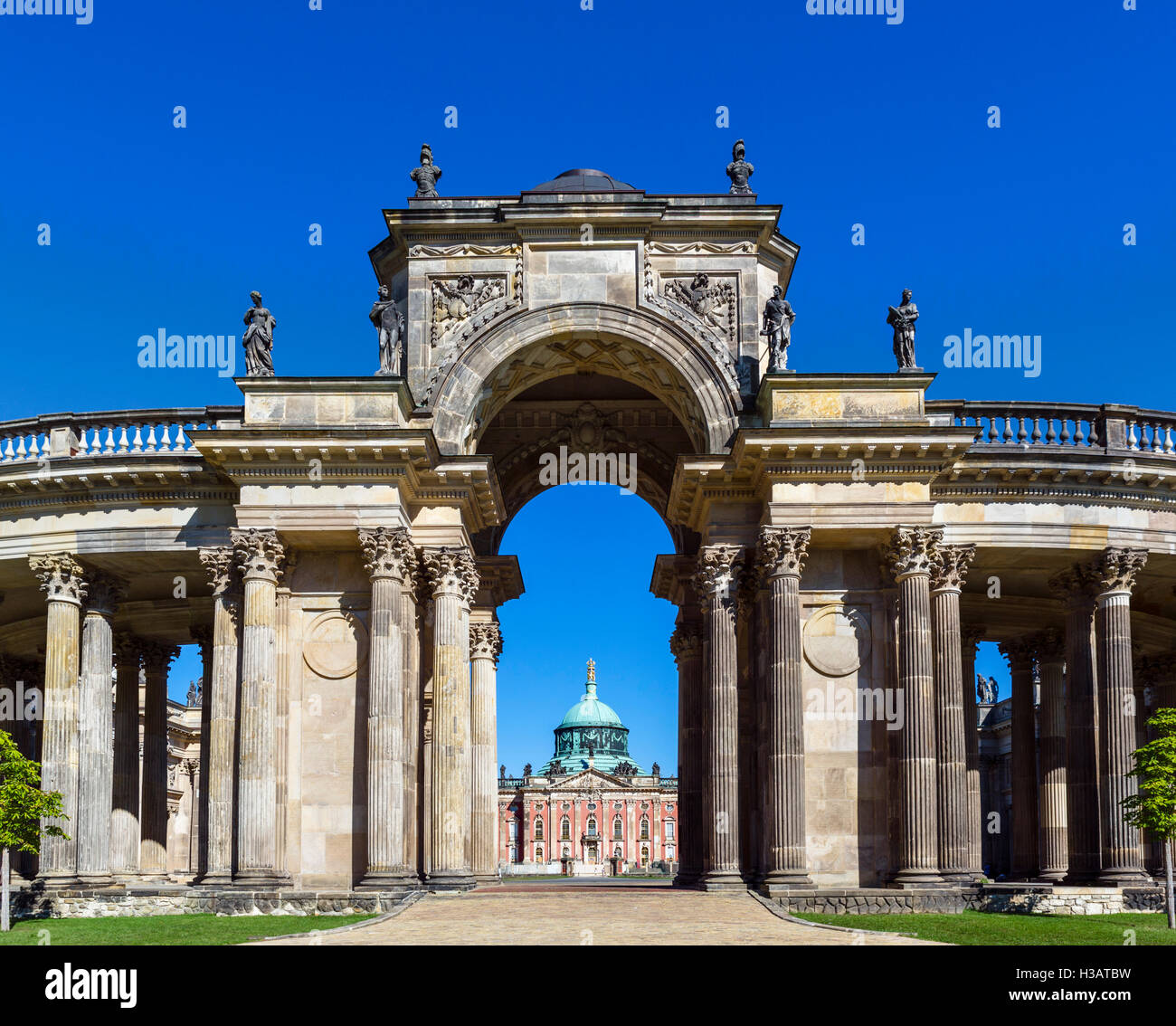 The Neues Palais (New Palace) viewed through the Colonnade, Park Sanssouci, Potsdam, Brandenburg, Germany Stock Photo