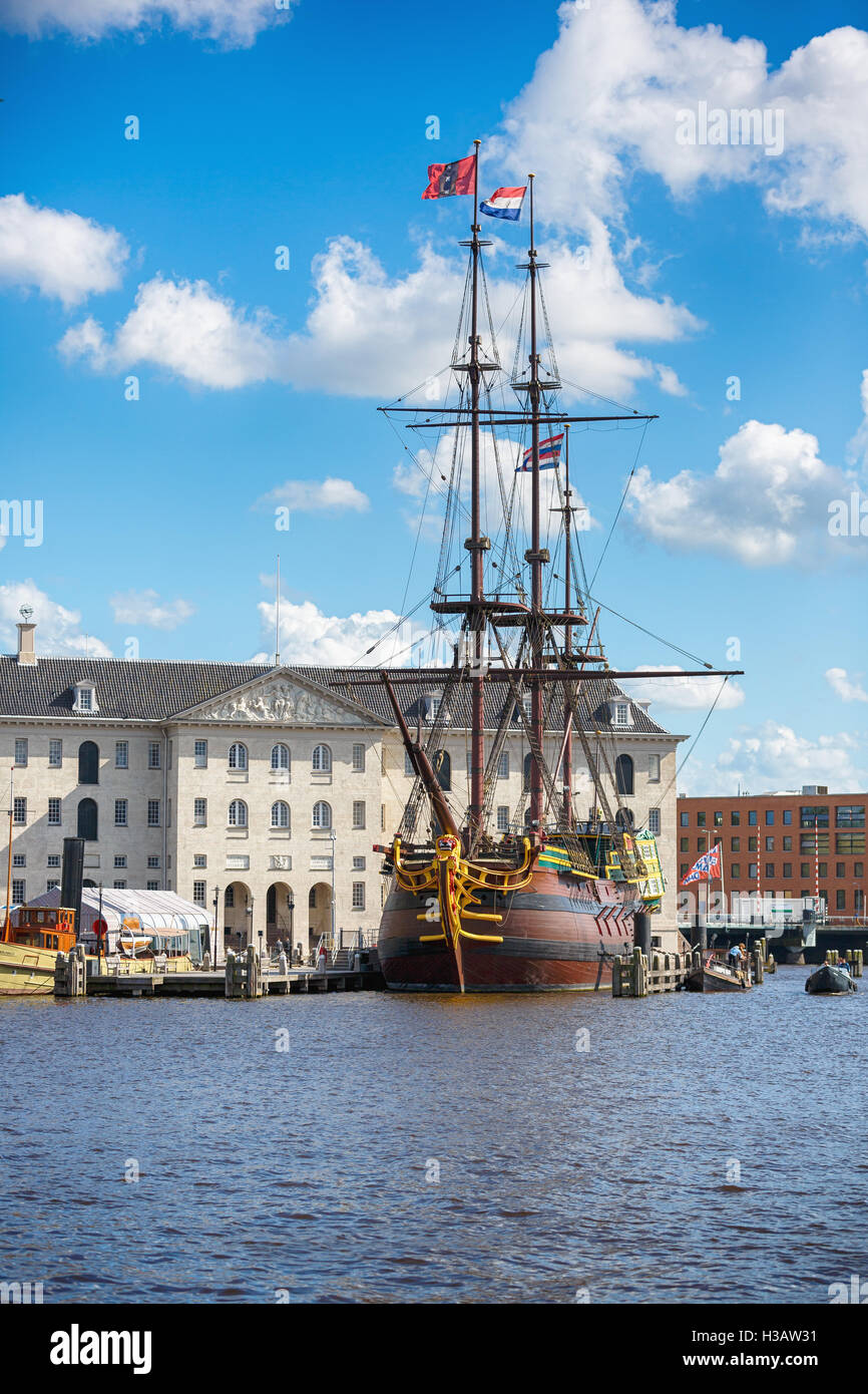 View of the old ship nearby the National Maritime Museum at sunny day, Amsterdam Stock Photo