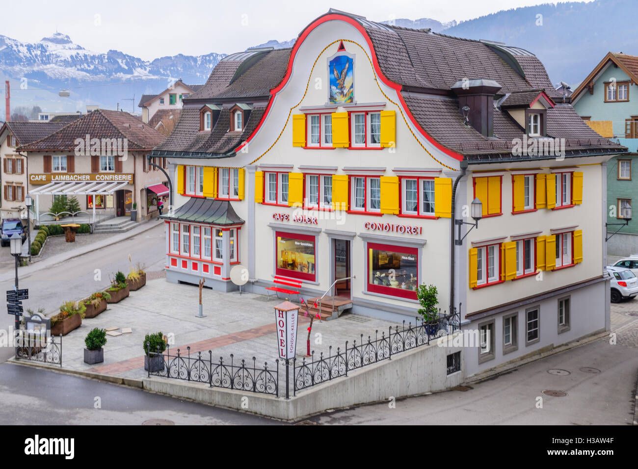 APPENZELL, SWITZERLAND JANUARY 02, 2016 Typical houses, with snowy