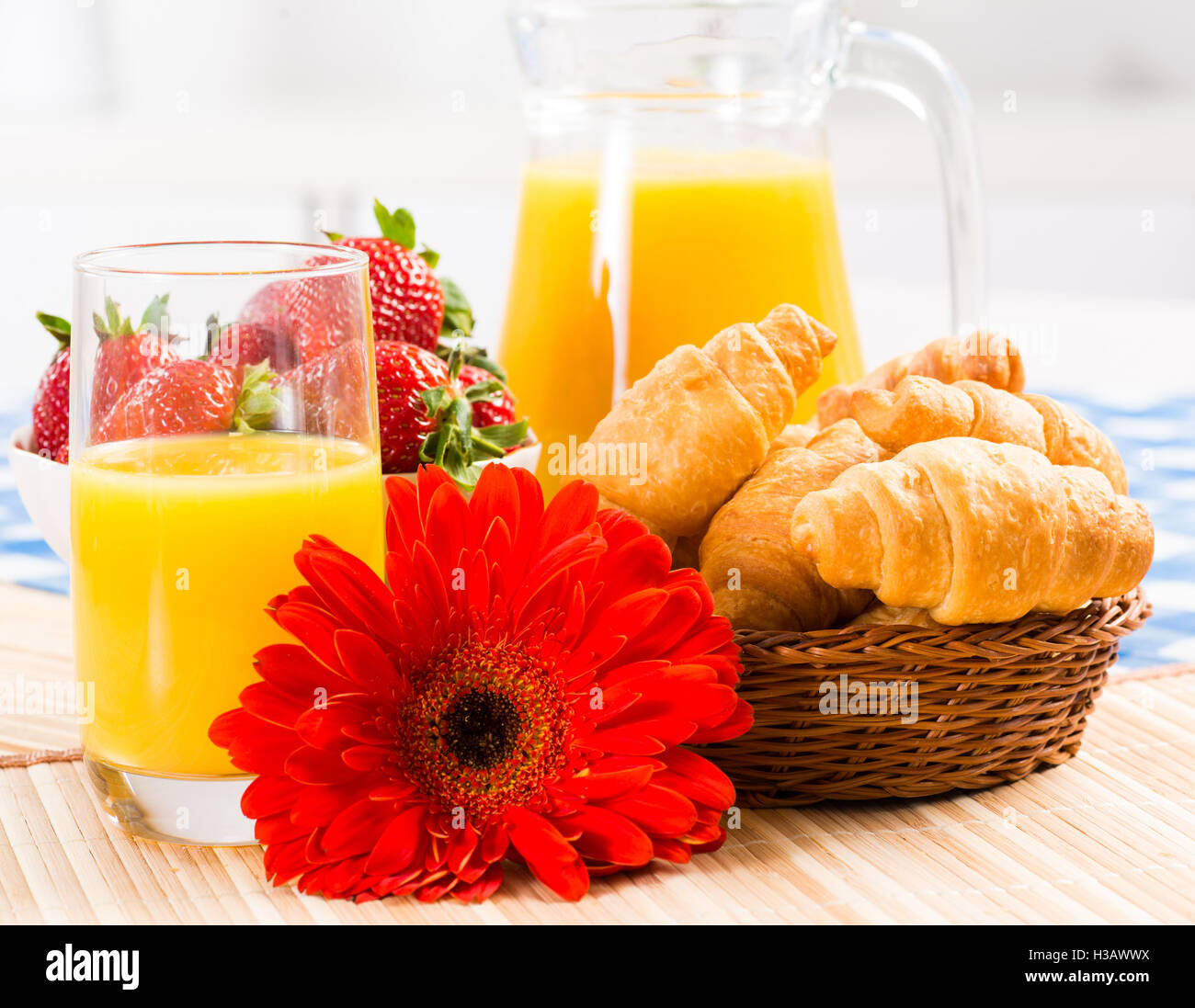 early breakfast, juice, croissants and Berries Stock Photo Alamy