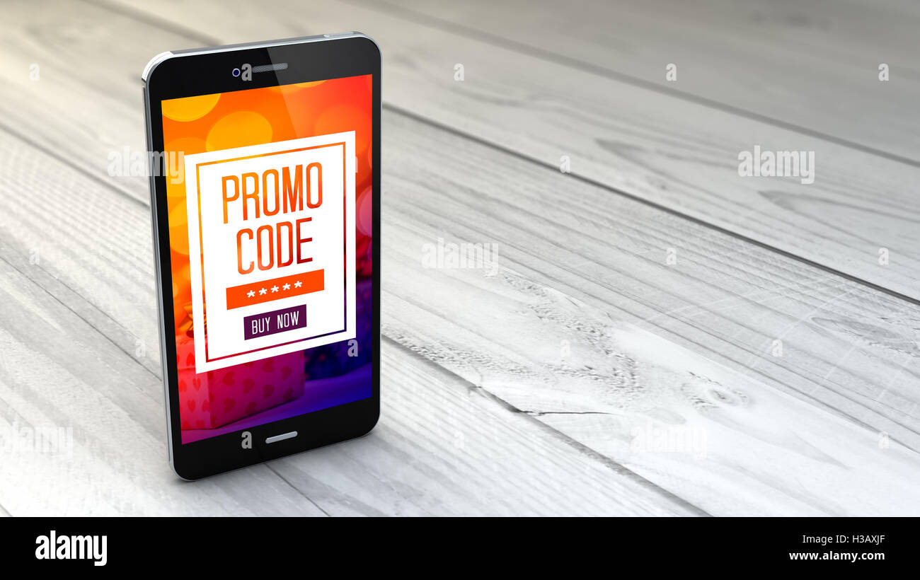 digital generated smartphone with promotional code over white wooden background. All screen graphics are made up. Stock Photo