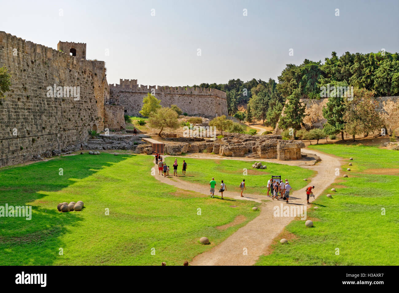 Outer dry moat area of the walled city of Rhodes, Rhodes Island, Dodecanese Island group, Greece. Stock Photo