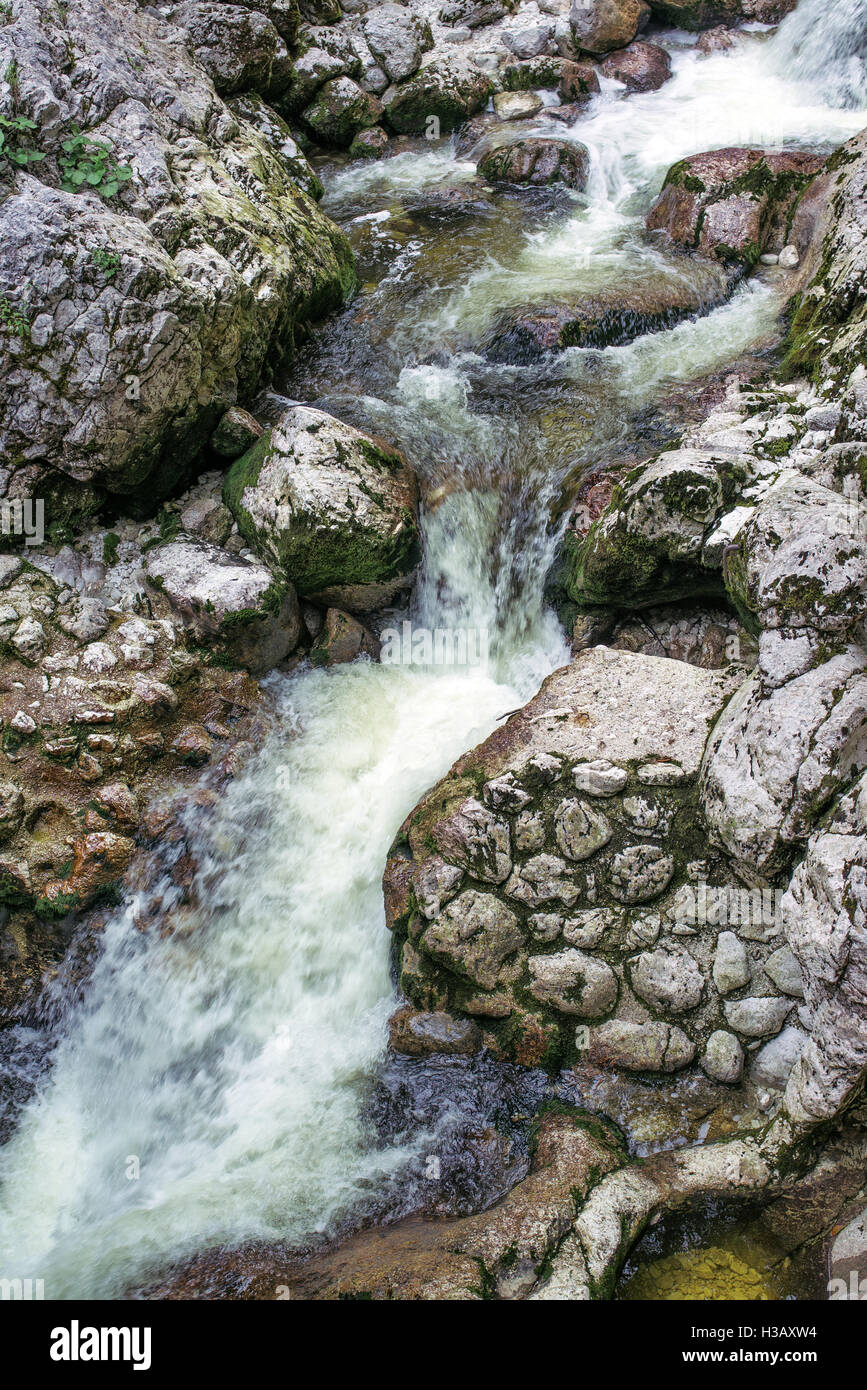 Mountain stream detail, cold freshwater running over rocks and stones Stock Photo