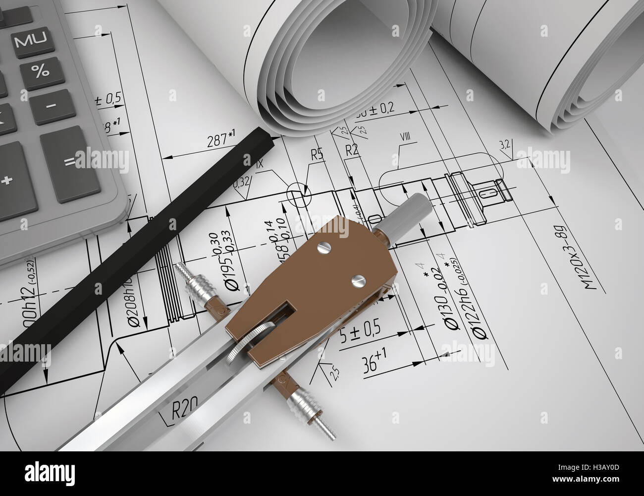 Scrolls engineering drawings and tools Stock Photo Alamy