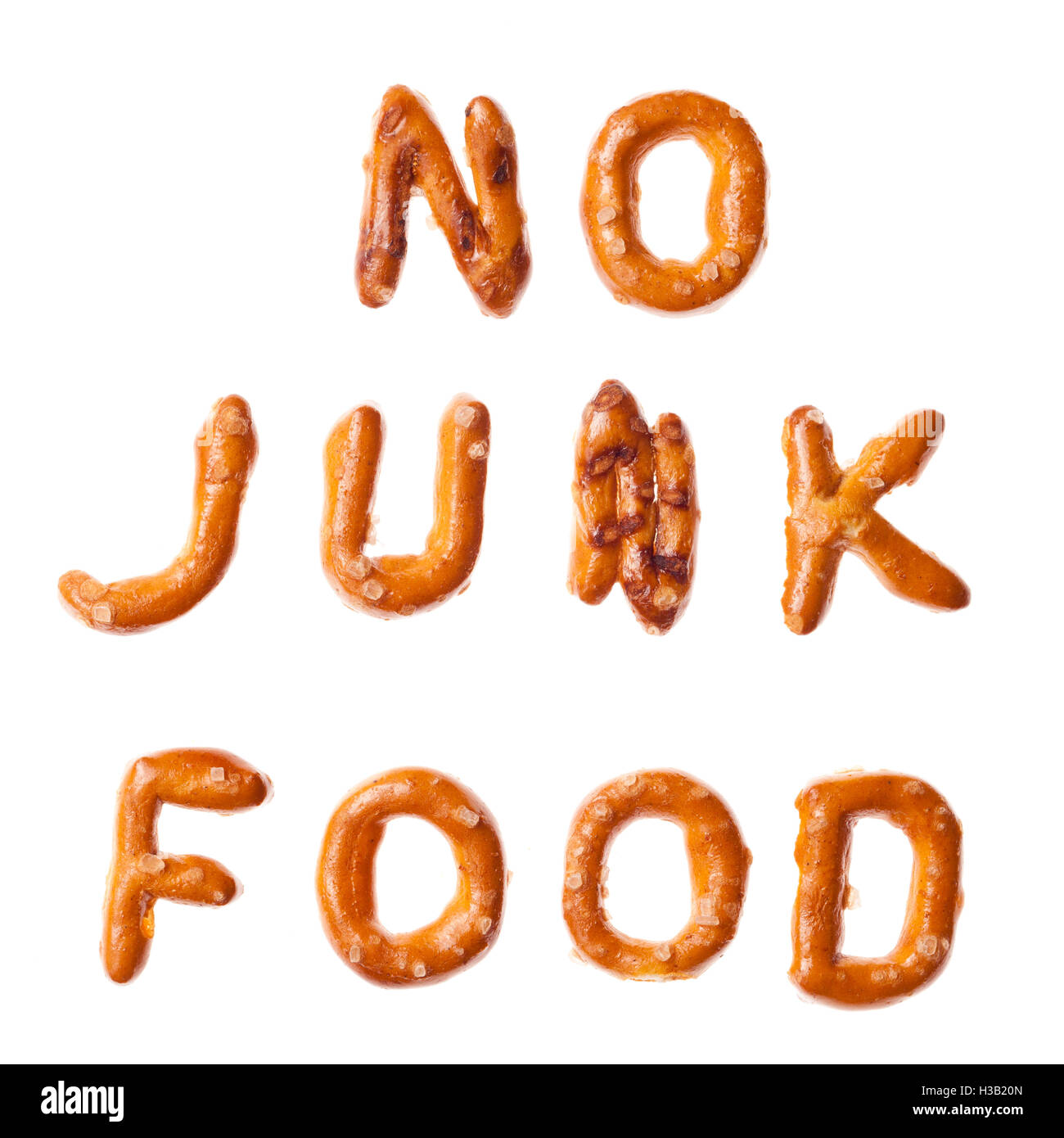 Alphabet pretzel words NO JUNK FOOD isolated Stock Photo